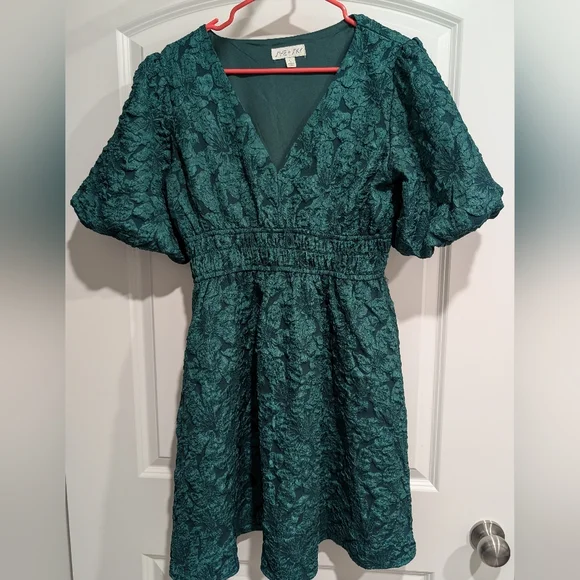She + Sky Forest Green Textured Mini Dress - Picture 1 of 6